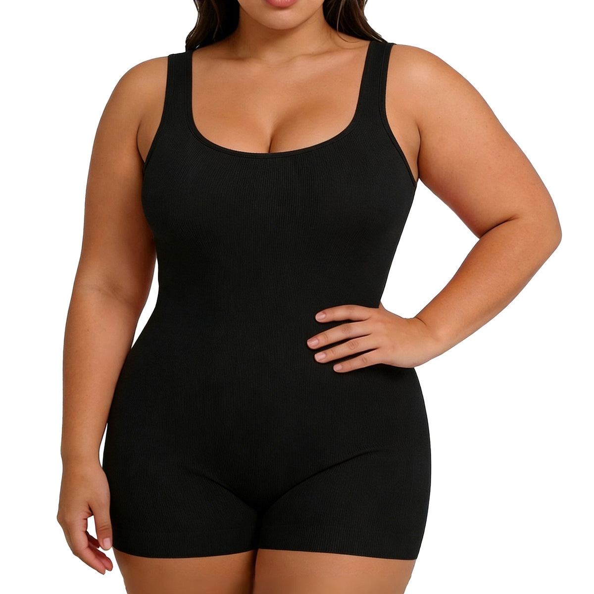 Black seamless tank bodysuit, studio front view