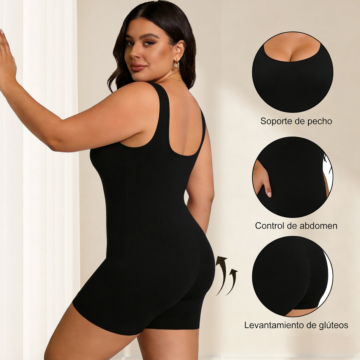 Black seamless bodysuit, back view with feature details