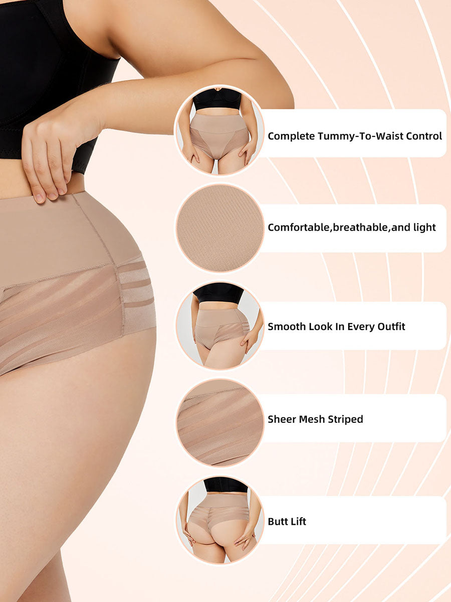 Shaping briefs features: tummy-to-waist control, breathable fabric, sheer stripes, bum lift