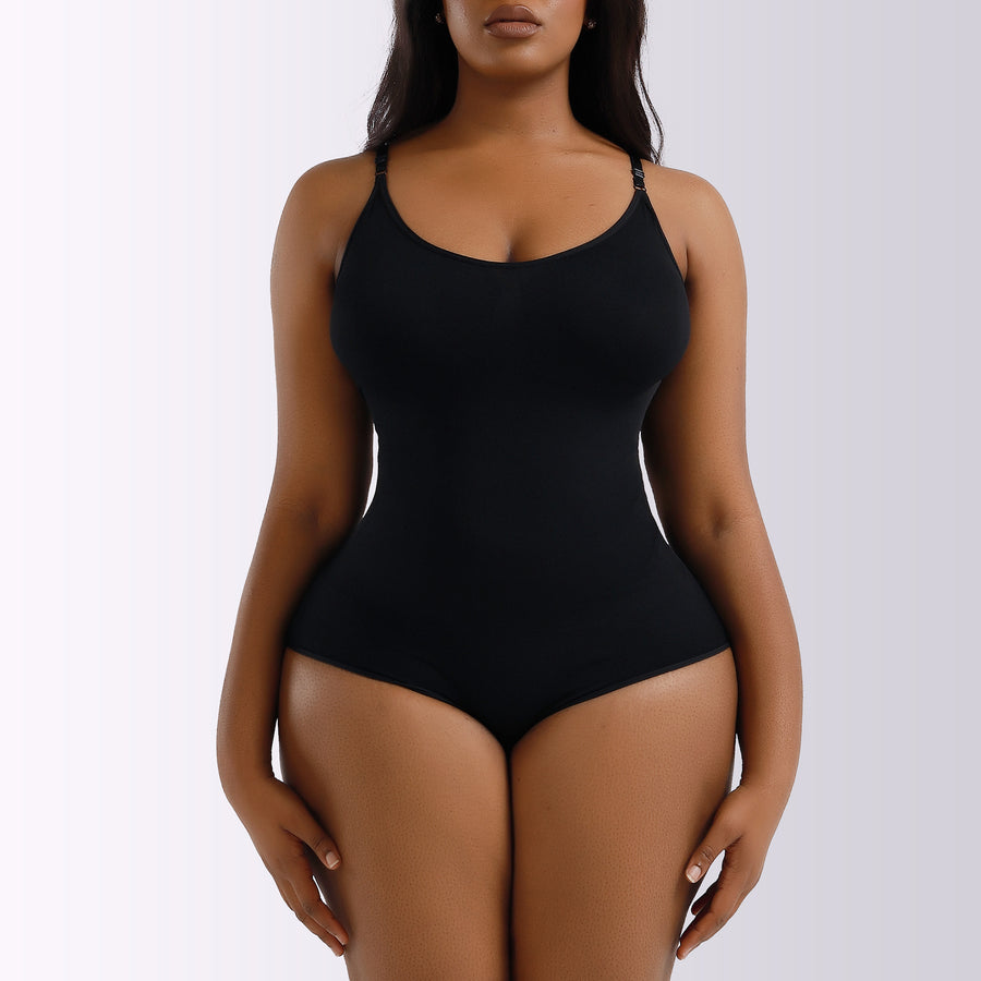 Black seamless cheeky shaping bodysuit, front view on model