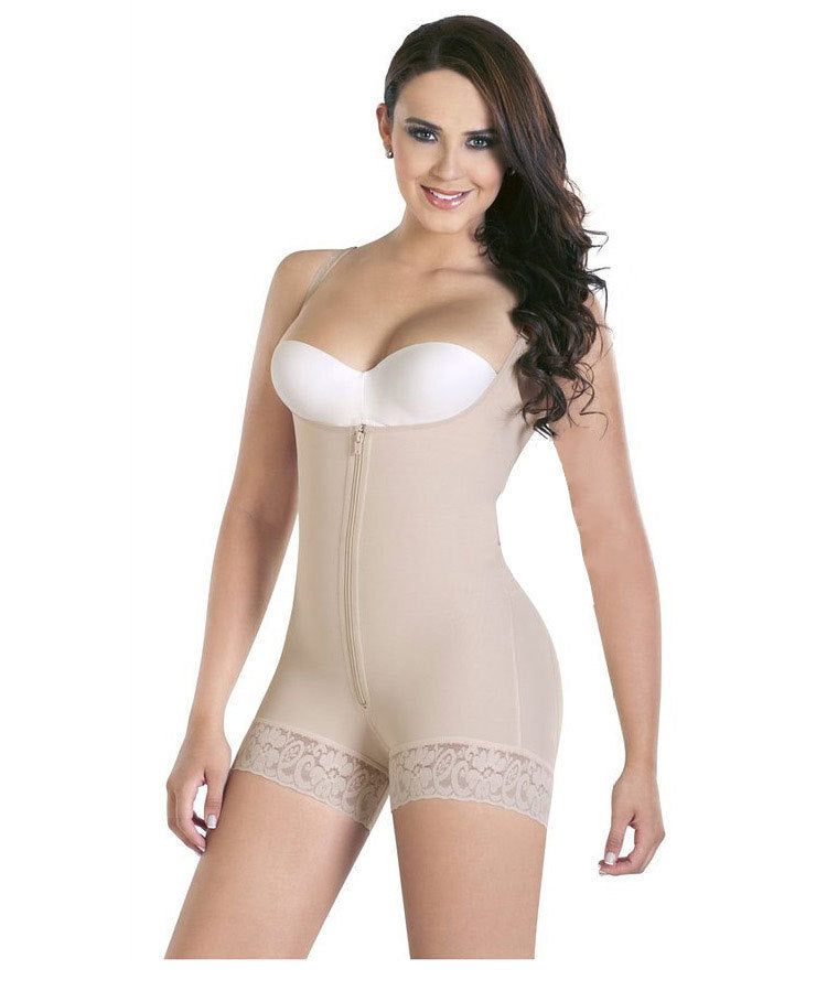 Nude zip-front open-bust shaping bodysuit, front view on model