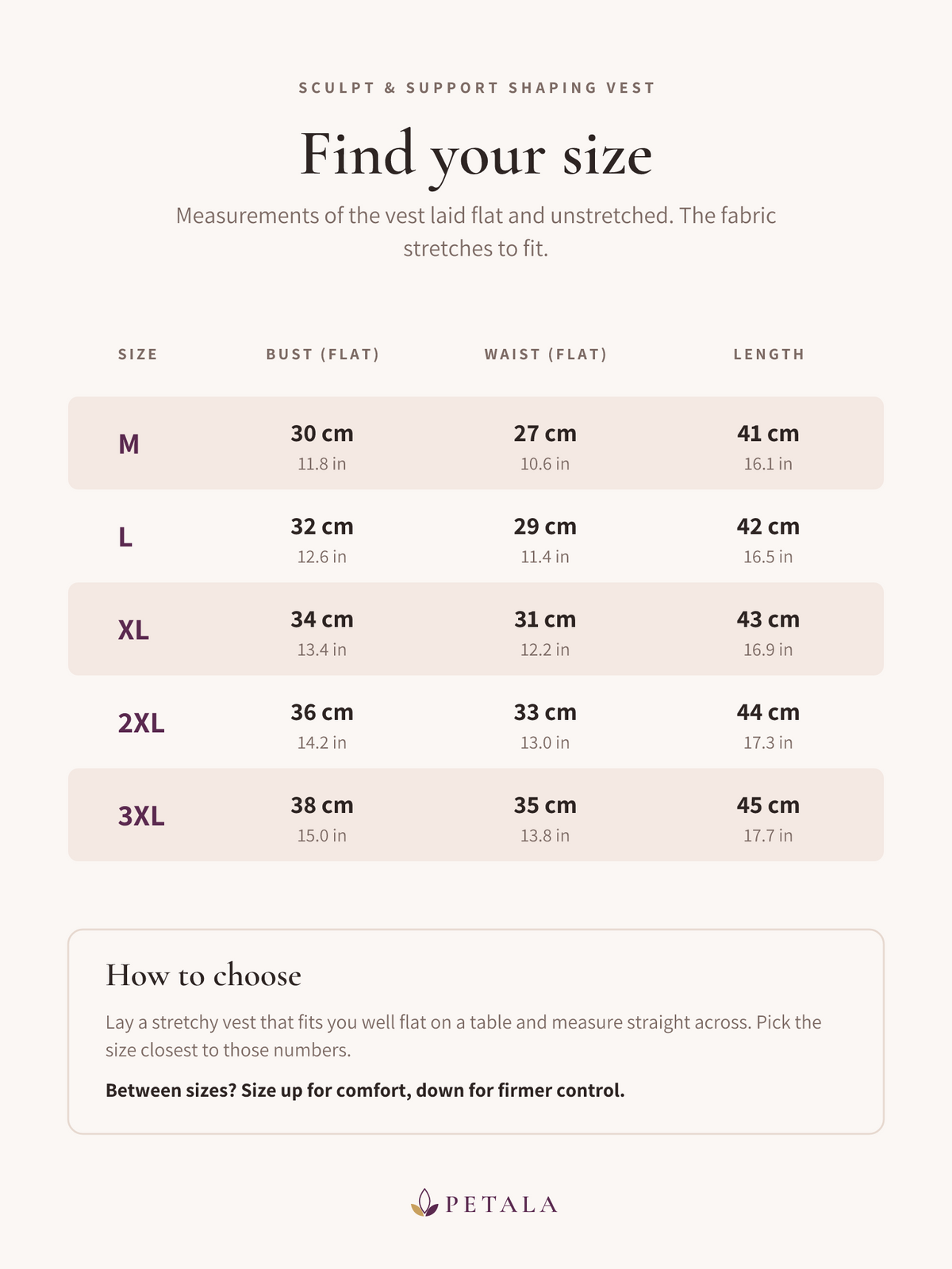 Size guide for the Sculpt & Support Shaping Vest in cm and inches