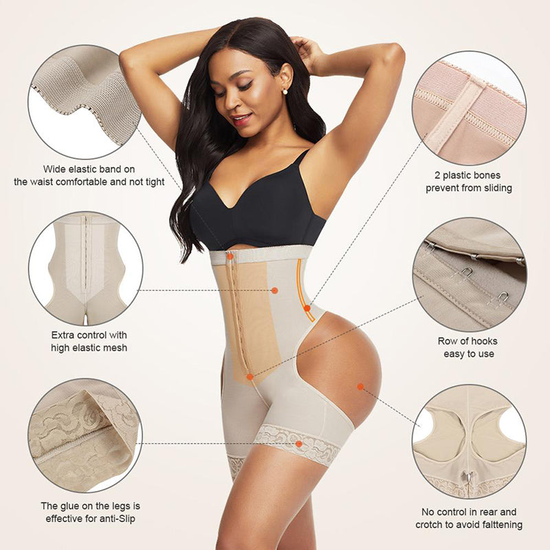 Nude bum-lift shaping shorts features: boning, hooks, mesh, silicone grip