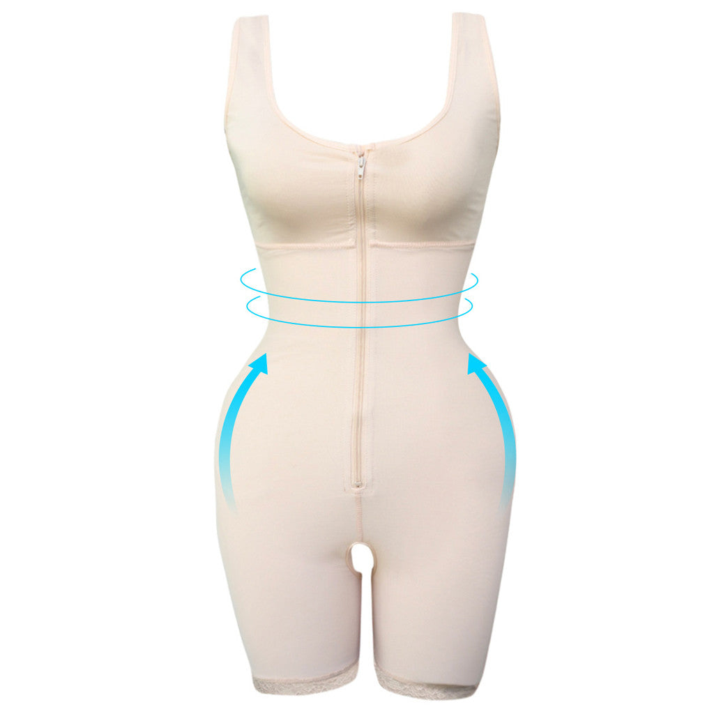 Nude zip-front full body shaper, front product shot