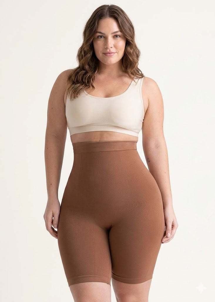 Latte seamless high-waist smoothing shorts, front view on model