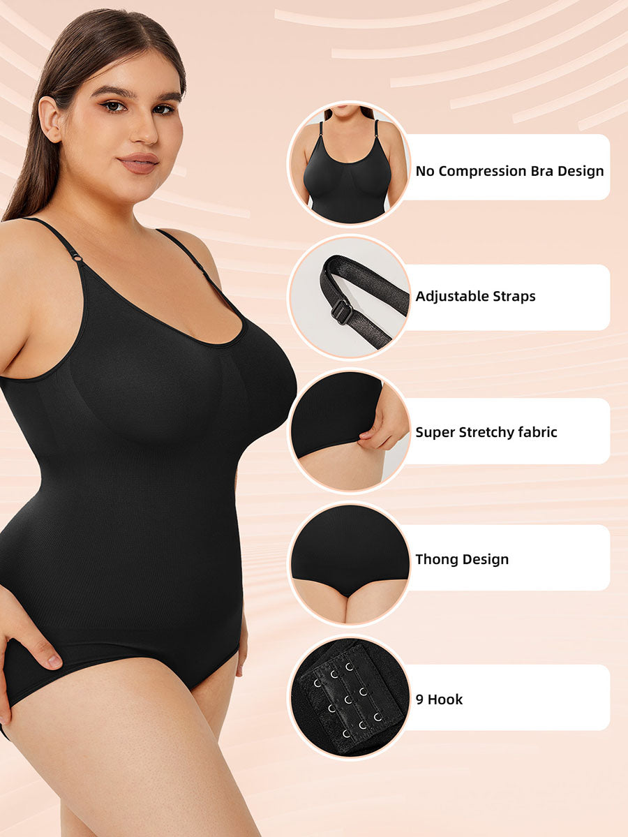 Bodysuit features: unpadded bust, adjustable straps, stretchy fabric, thong back, hook gusset