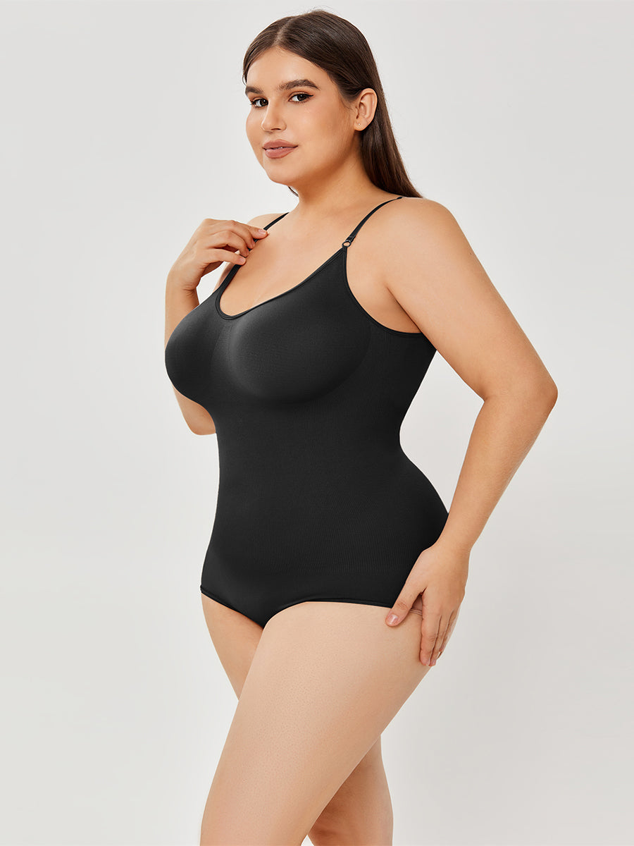 Black shaping bodysuit, three-quarter view