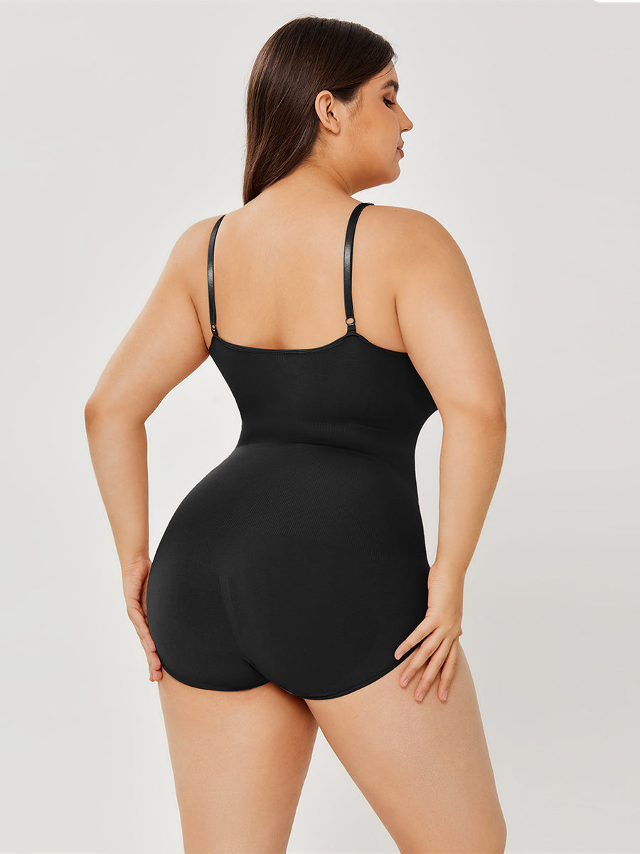 Black thong shaping bodysuit, back view on model