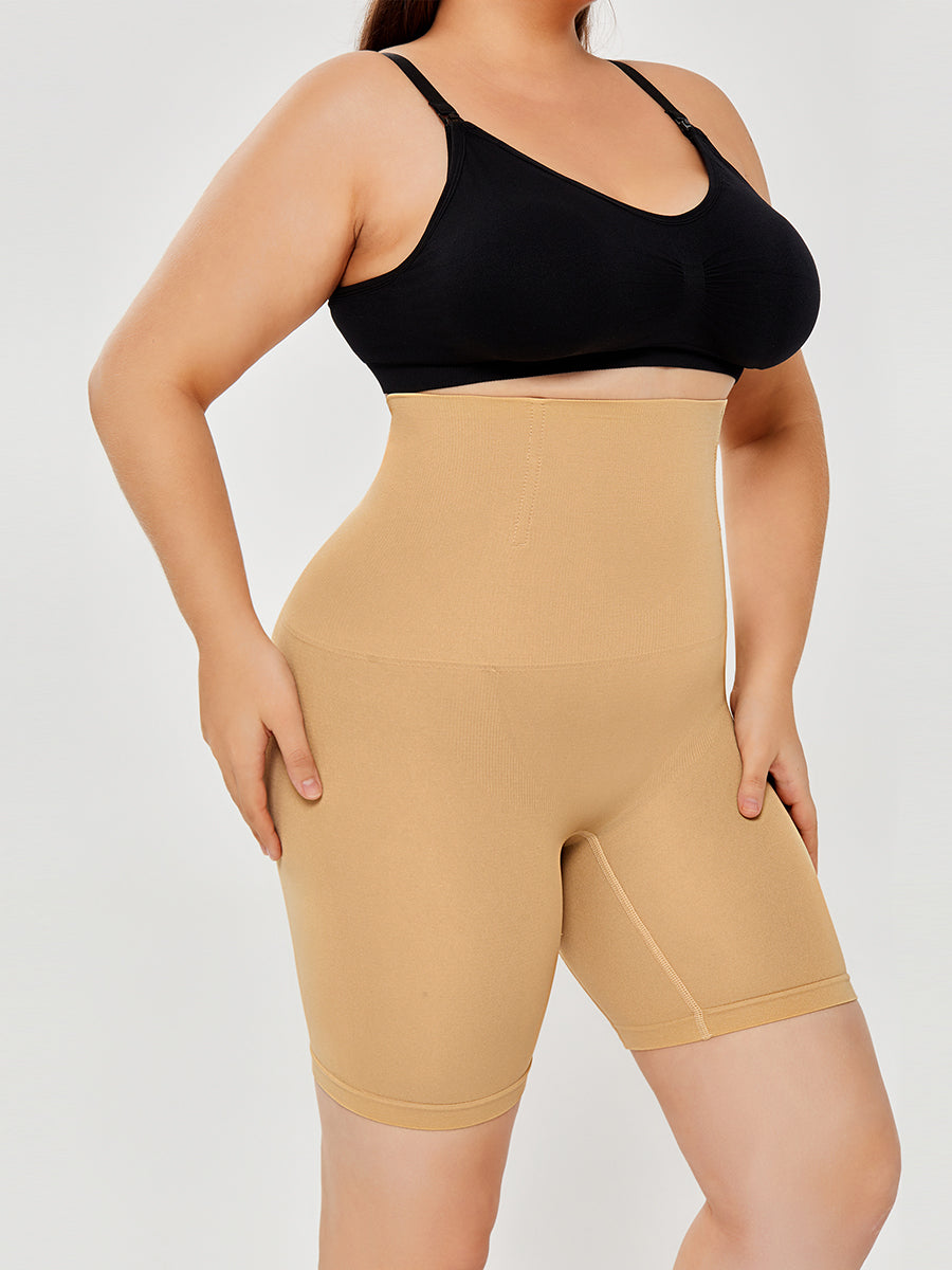 Nude wide-waistband seamless shaping shorts, front view on model