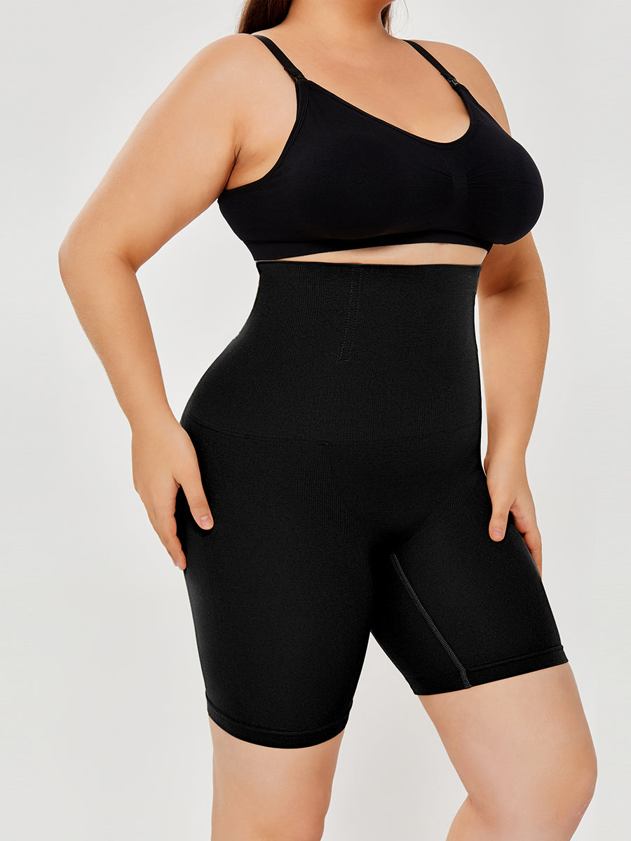 Black wide-waistband seamless shaping shorts, front view on model