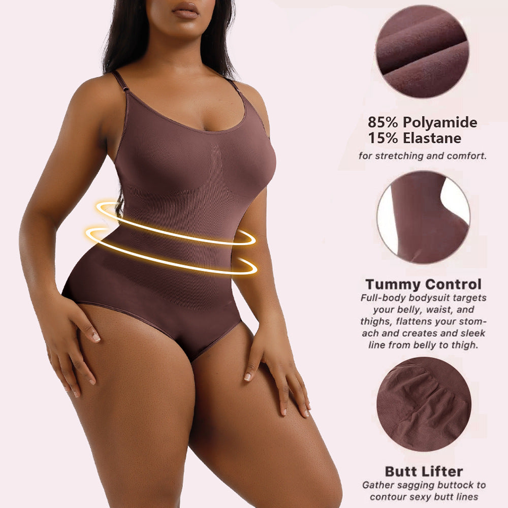 Espresso seamless bodysuit with fabric and shaping details