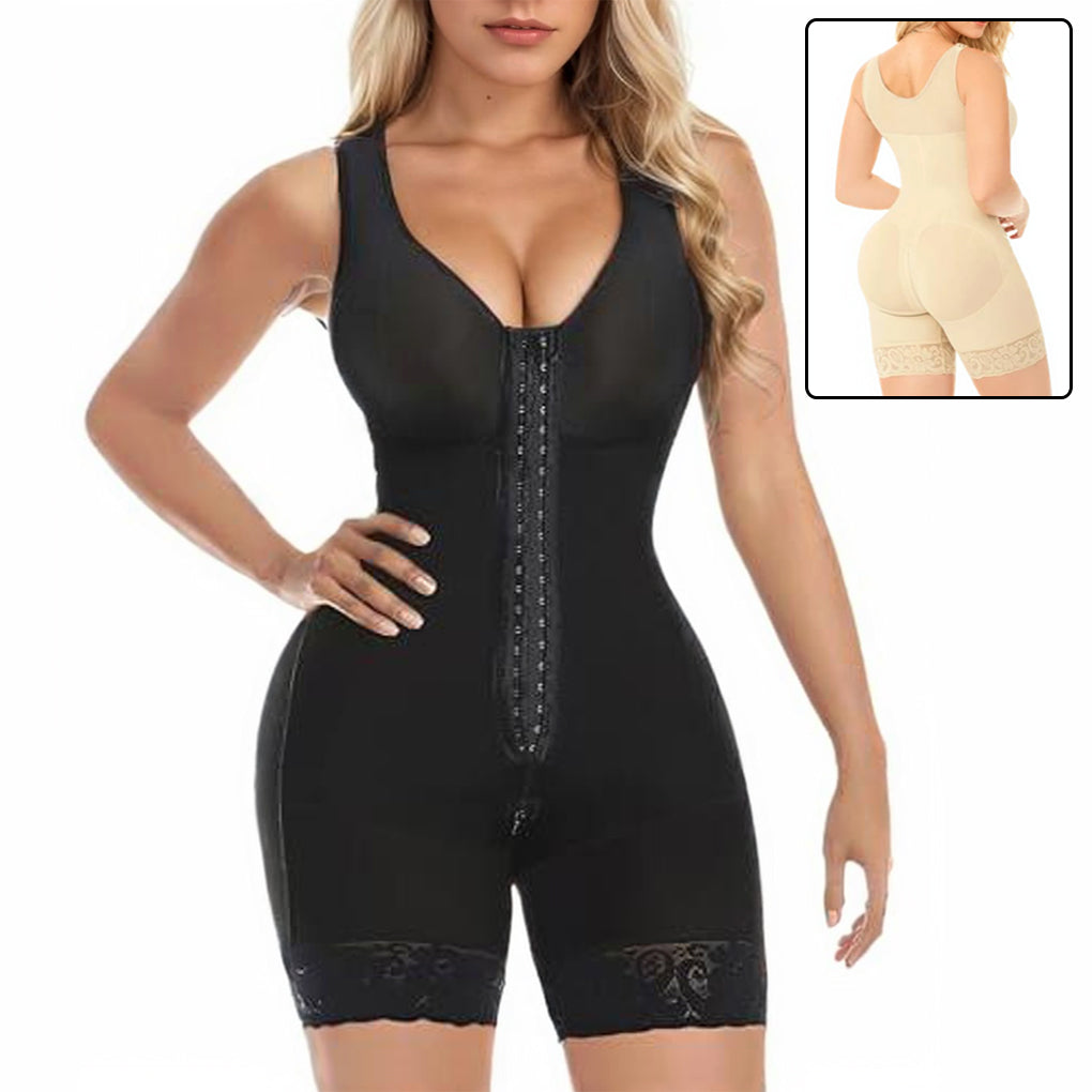Black full body shaper, front view on model