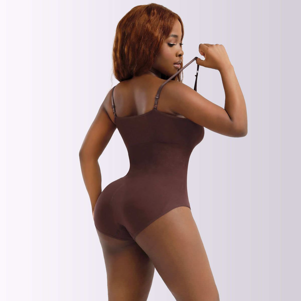 Espresso seamless shaping bodysuit, back view on model