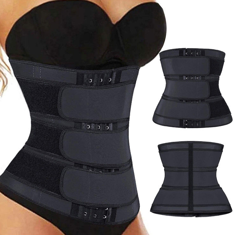 Black triple-strap waist trainer worn on model, with front and back views