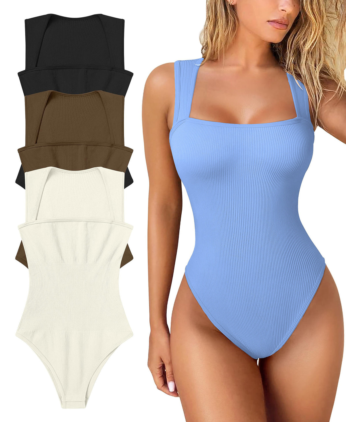 Powder blue ribbed square-neck bodysuit, front view on model