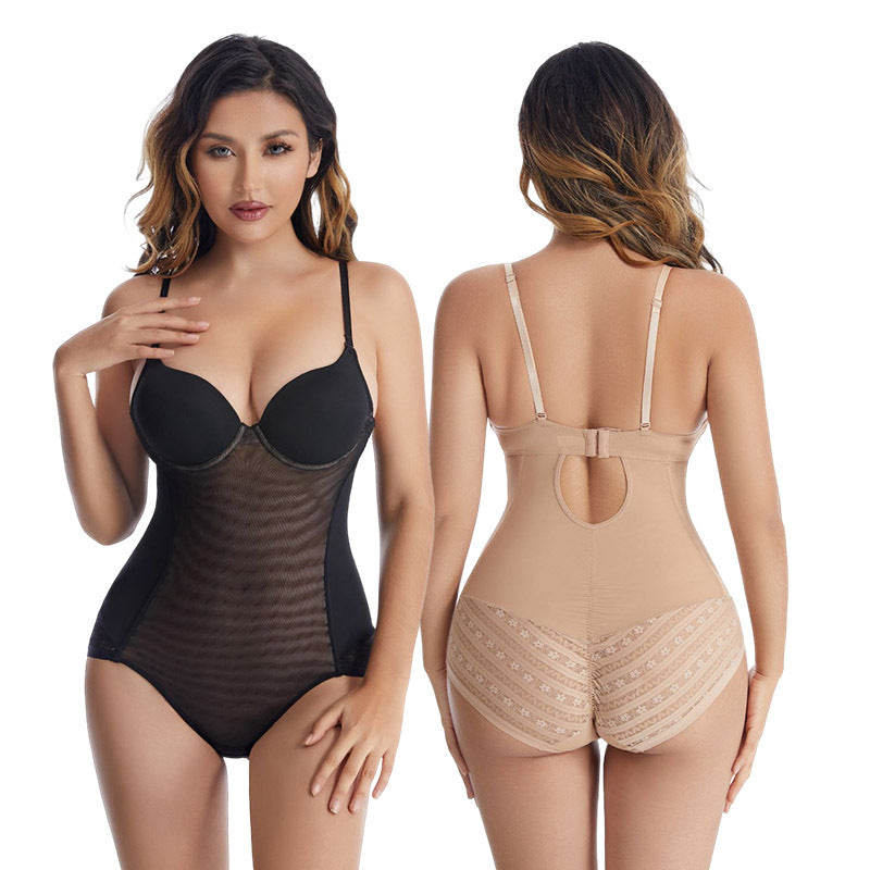 Underwired shaping bodysuit, front in Black and back in Nude