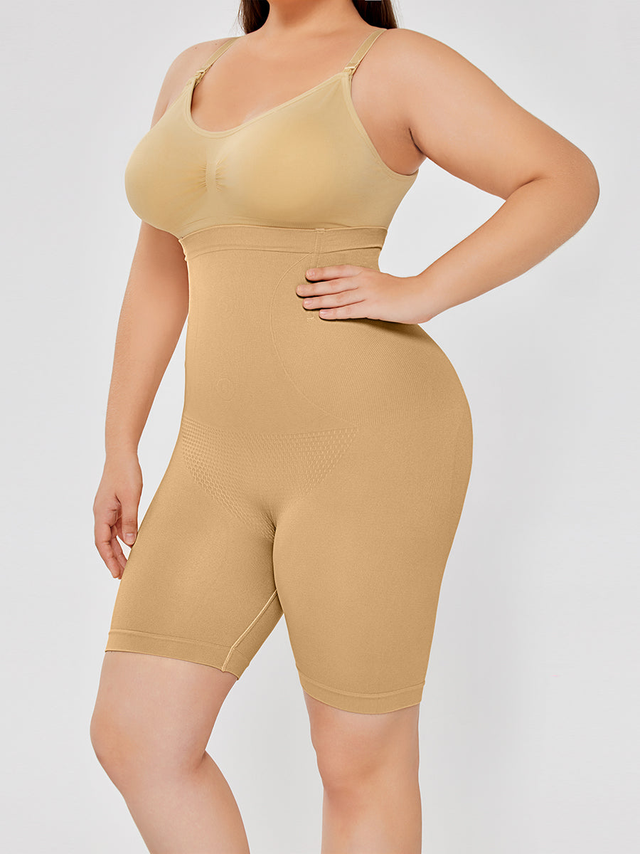 Nude boned high-waist shaping shorts, front view on model