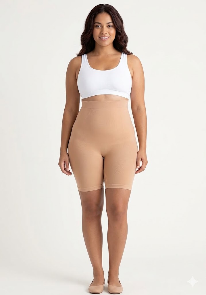 Nude seamless high-waist smoothing shorts, front view on model
