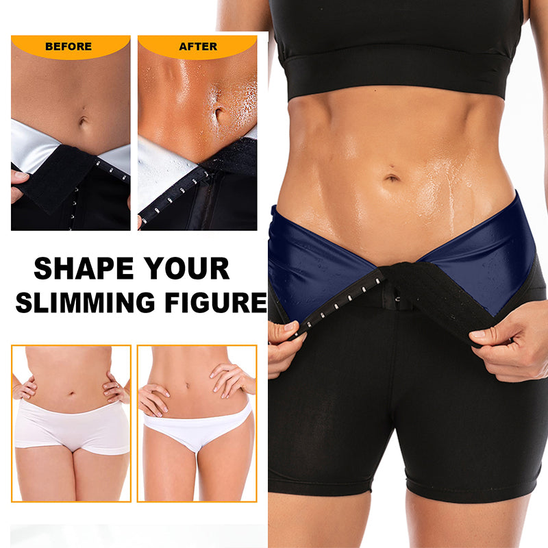 Neoprene workout shorts with blue lining, on model