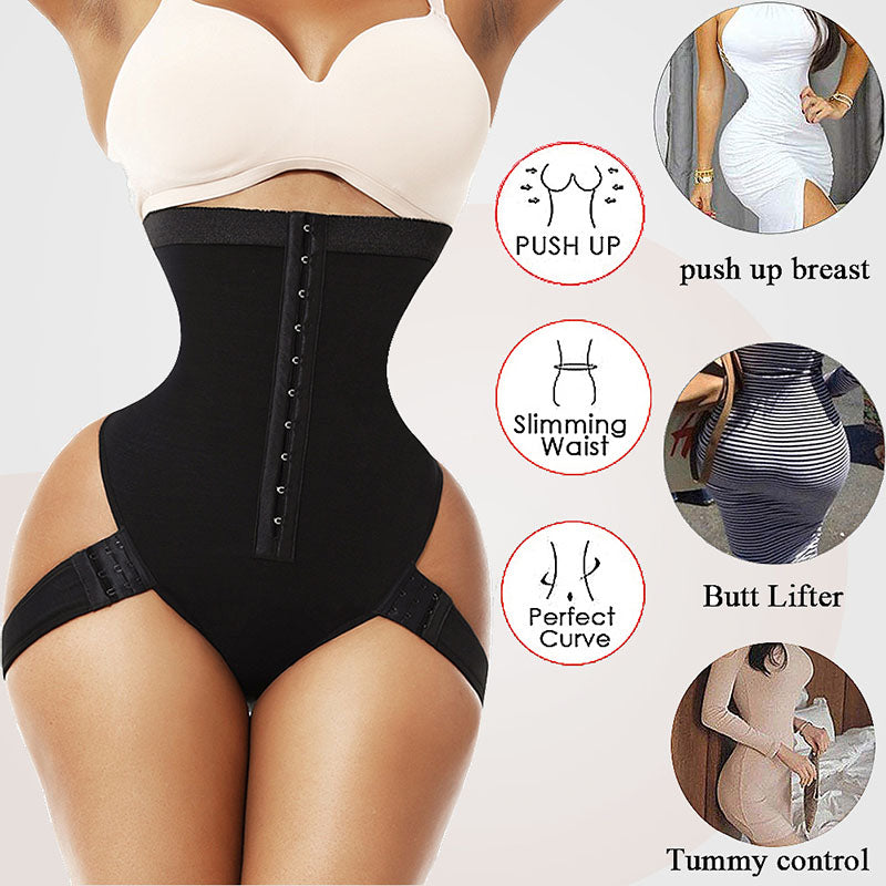 Black waist cincher briefs with feature icons