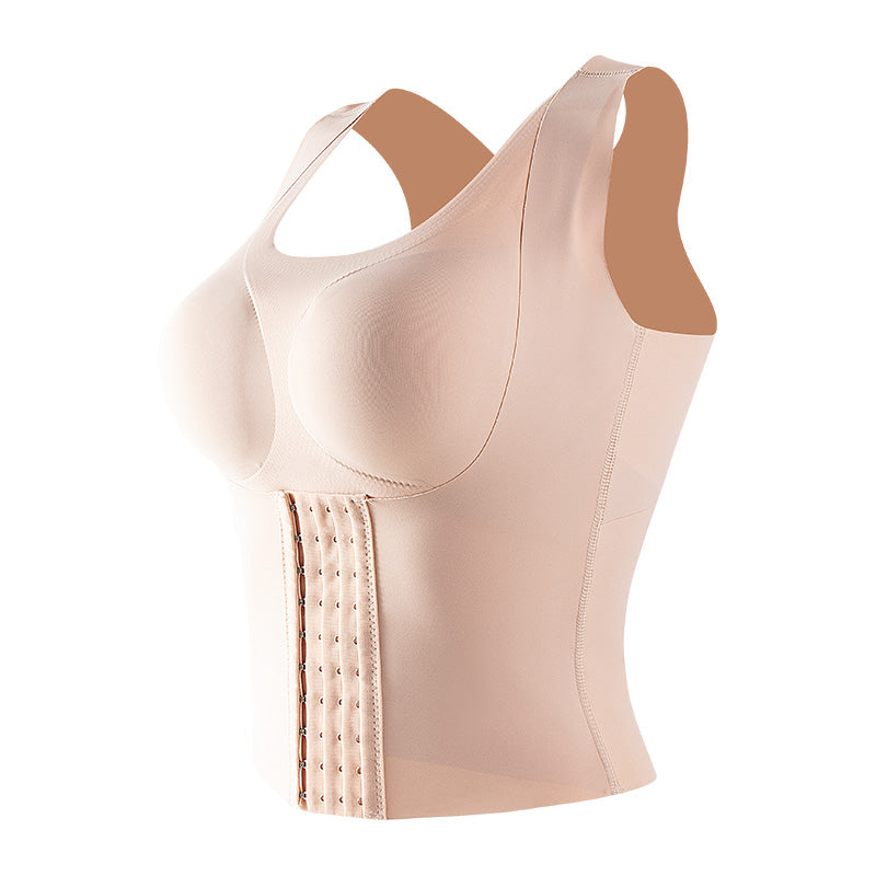 Nude shaping vest, side view with built-in pads and hook front
