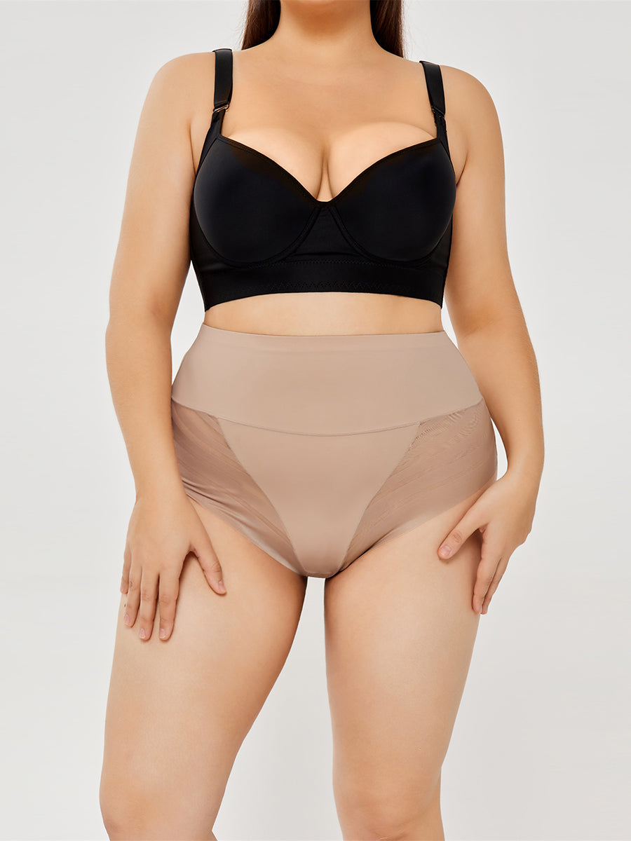 Latte high-waist sheer stripe shaping briefs, front view on model