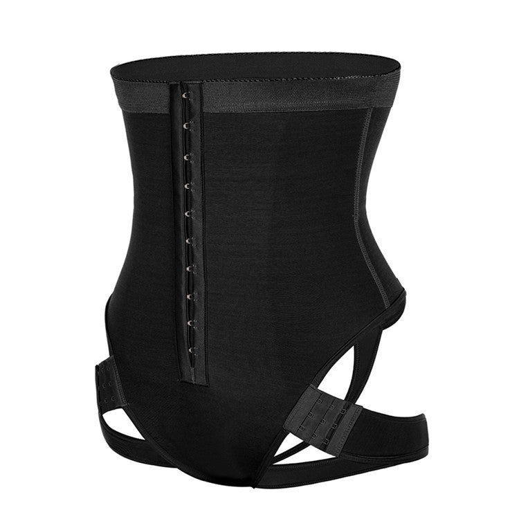 Black waist cincher briefs with thigh straps, product shot