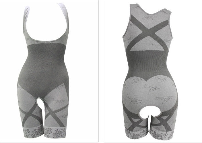 Grey open-bust body shaper, front and back product shots
