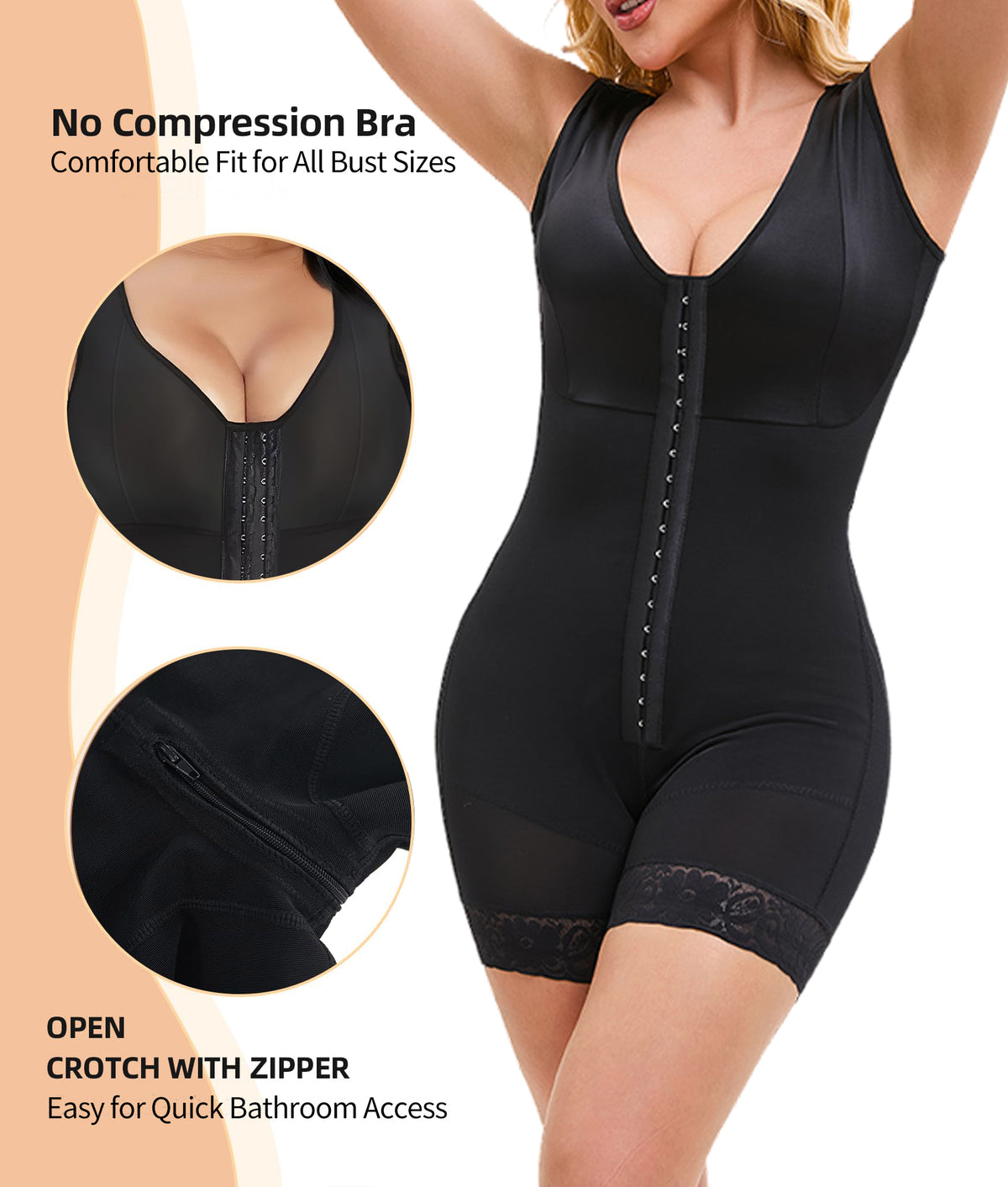 Full body shaper features: wire-free bust and zip gusset