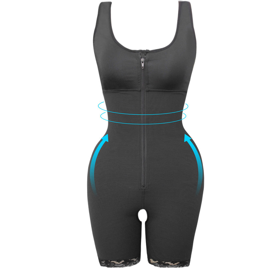 Black zip-front full body shaper with shaping lines