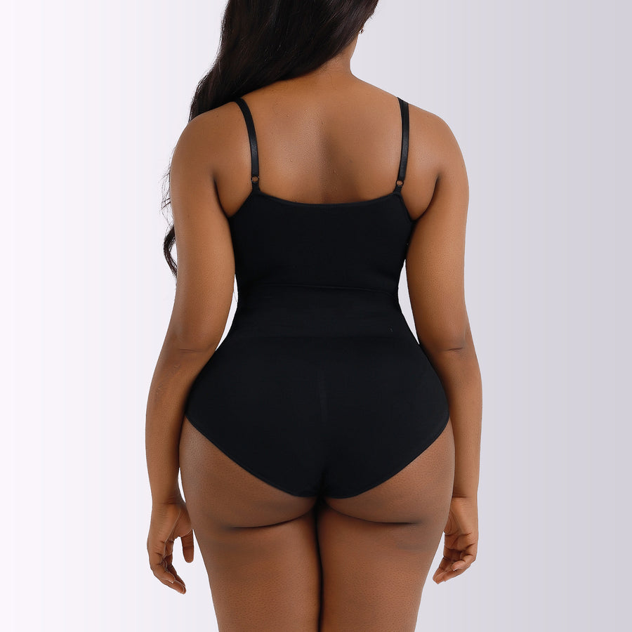 Black seamless brief-cut bodysuit, back view on model