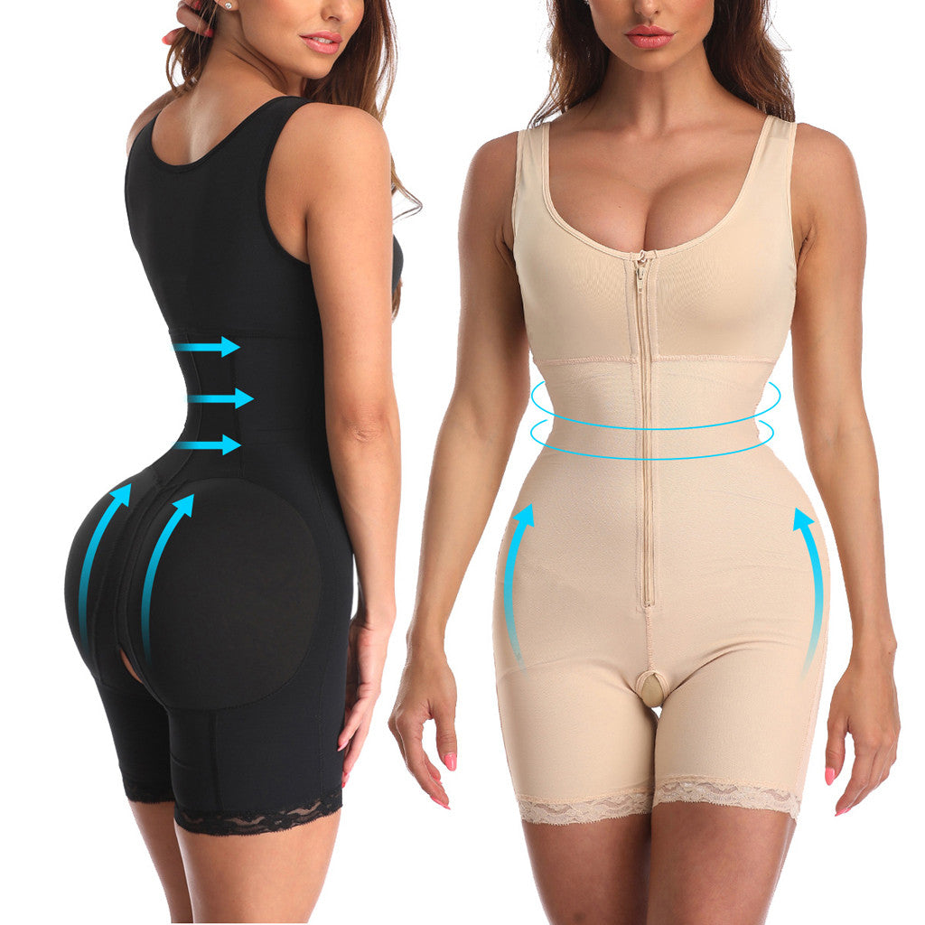 Zip-front full body shaper in Black and Nude, side and front views