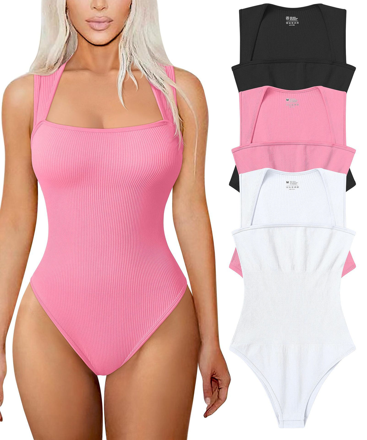 Pink ribbed square-neck bodysuit, front view on model