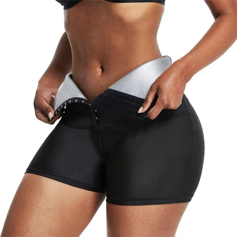High-waist neoprene workout shorts with silver lining, front view on model