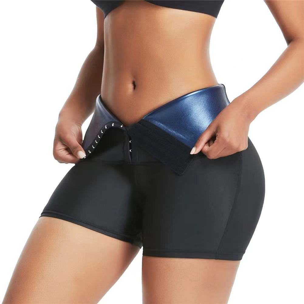 High-waist neoprene workout shorts with blue lining, front view on model