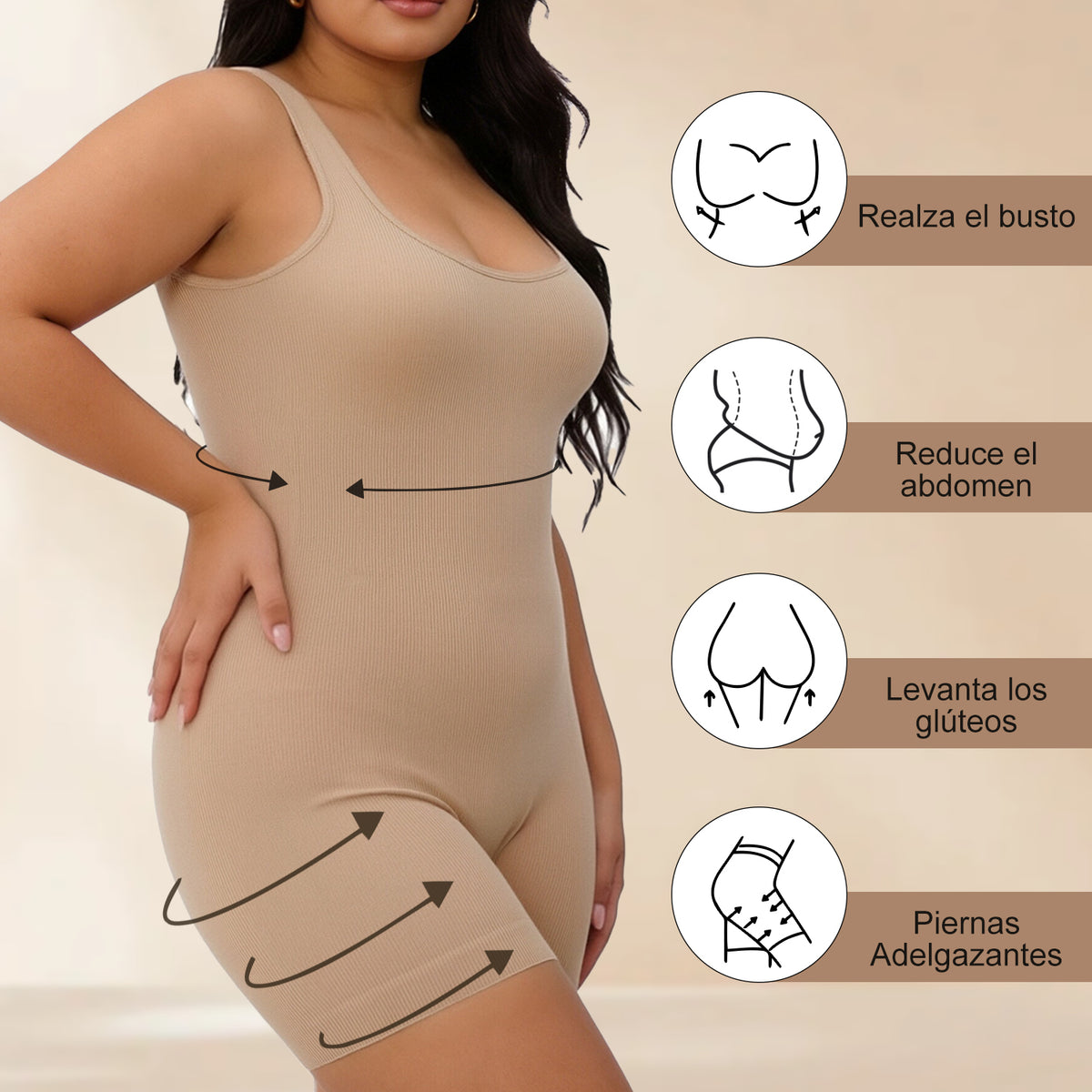 Nude seamless bodysuit with shaping feature icons