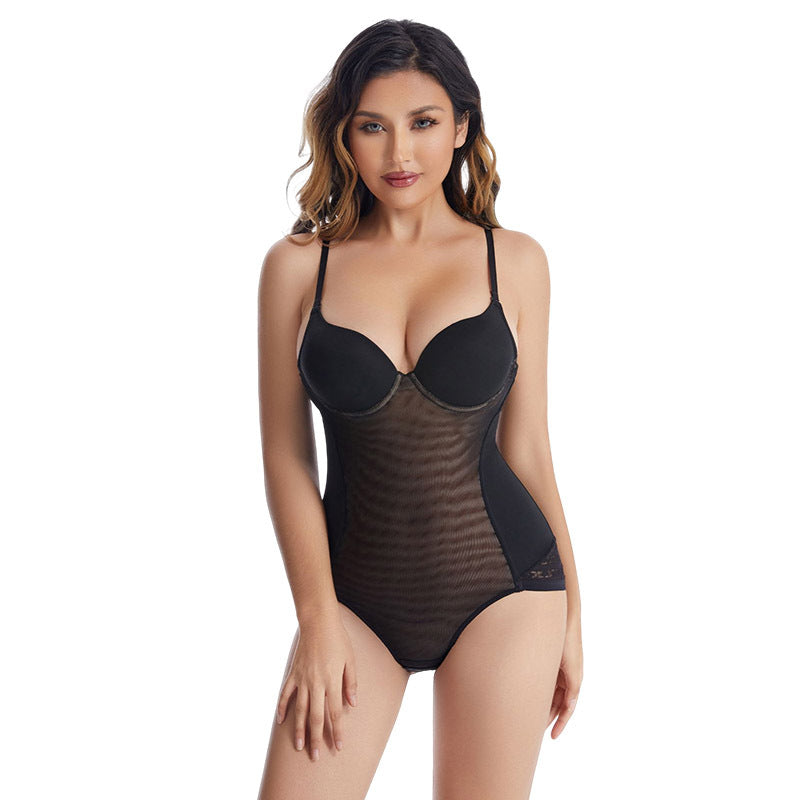 Black underwired striped mesh shaping bodysuit, front view on model