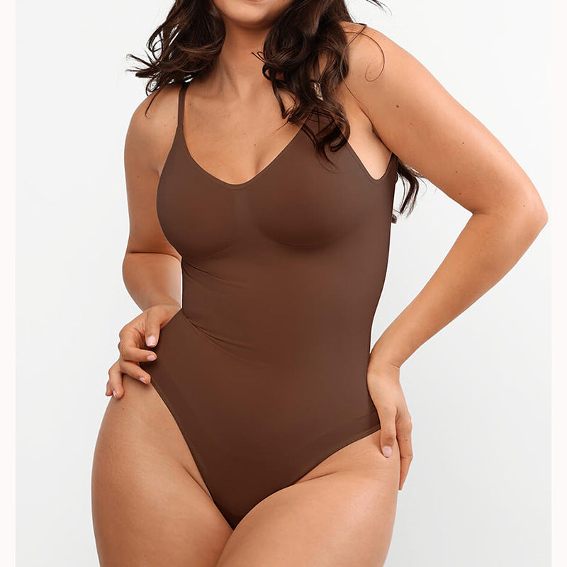 Mocha seamless thong bodysuit, front view on model