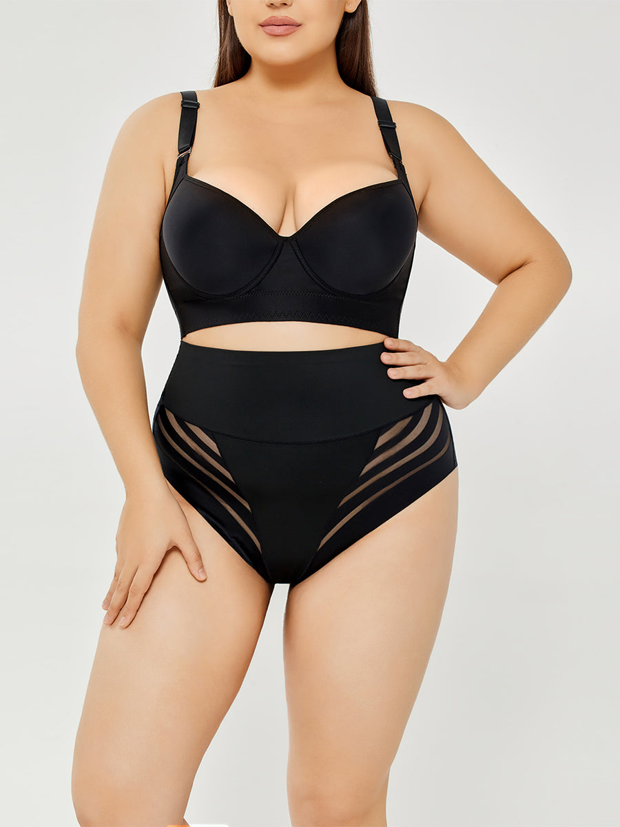 Black high-waist sheer stripe shaping briefs, front view on model