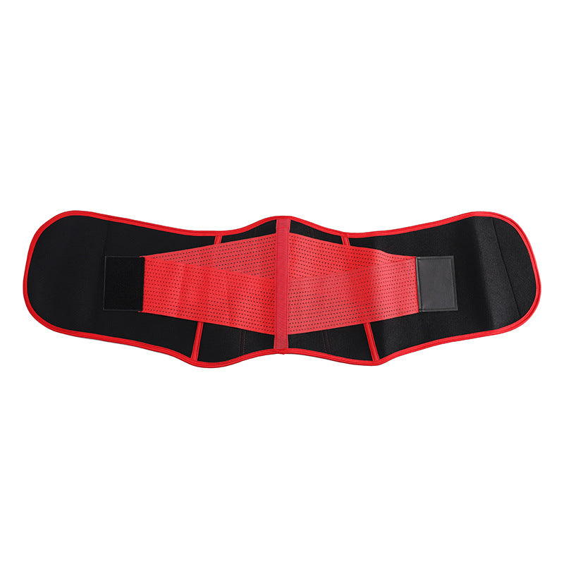 Red adjustable waist trainer belt, flat view