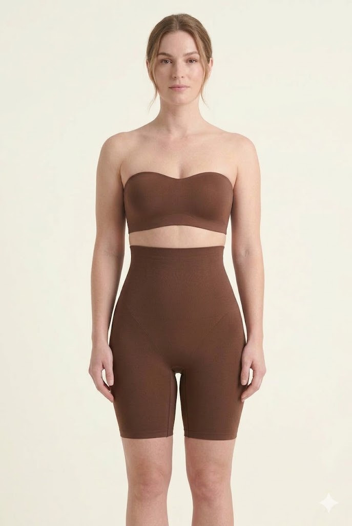 Mocha seamless high-waist smoothing shorts, front view on model