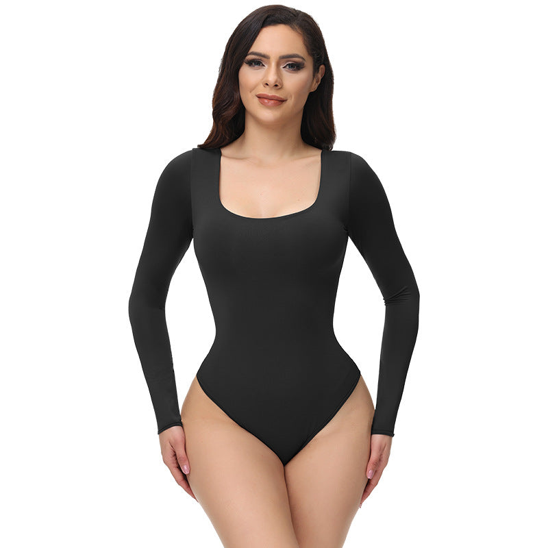 Black long-sleeve scoop-neck thong bodysuit, front view on model
