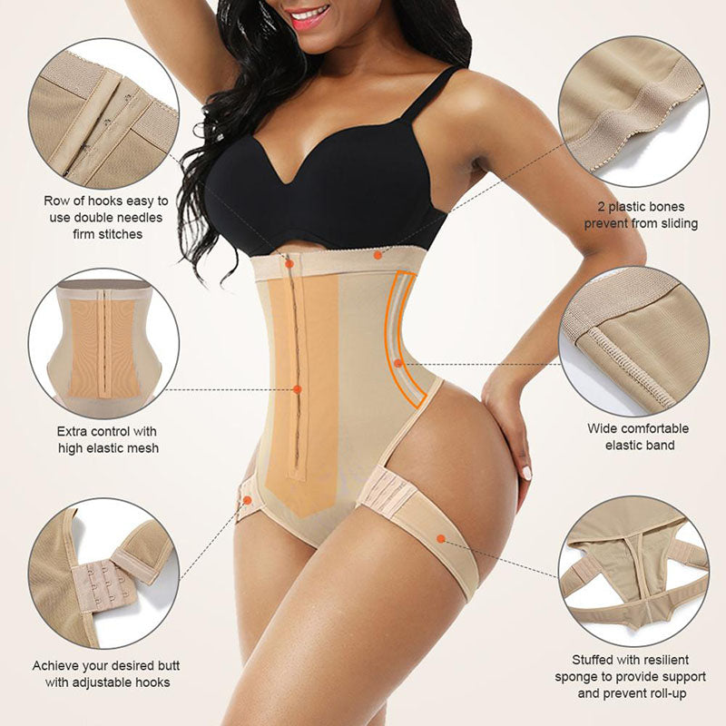 Waist cincher briefs features: hook rows, flexible bones, mesh panel, thigh straps