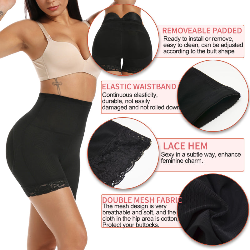 Padded shaping shorts features: removable pads, elastic waistband, lace hem, double mesh