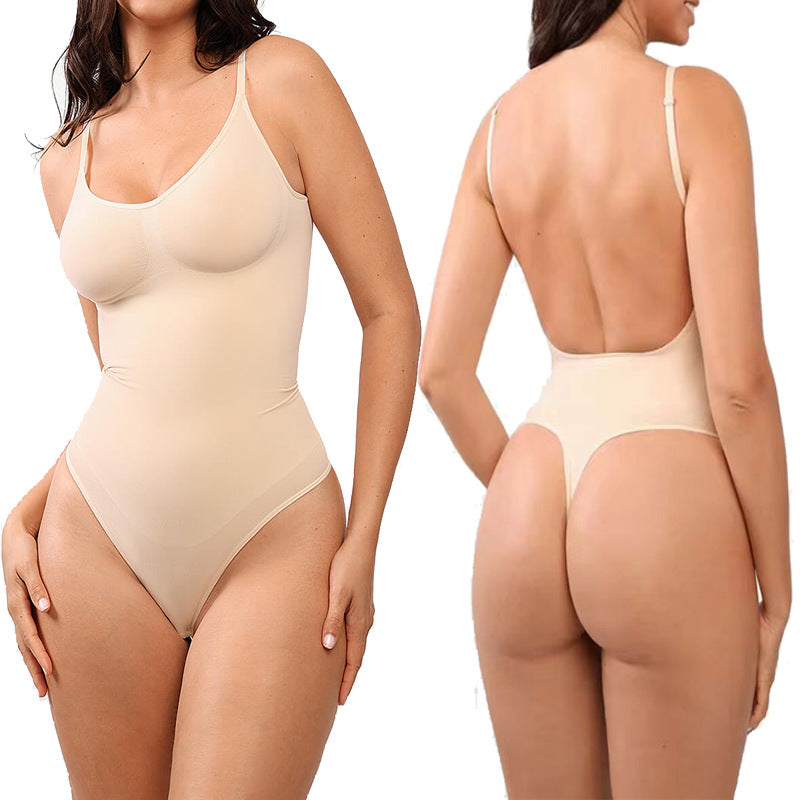 Nude seamless thong bodysuit, front and low back views