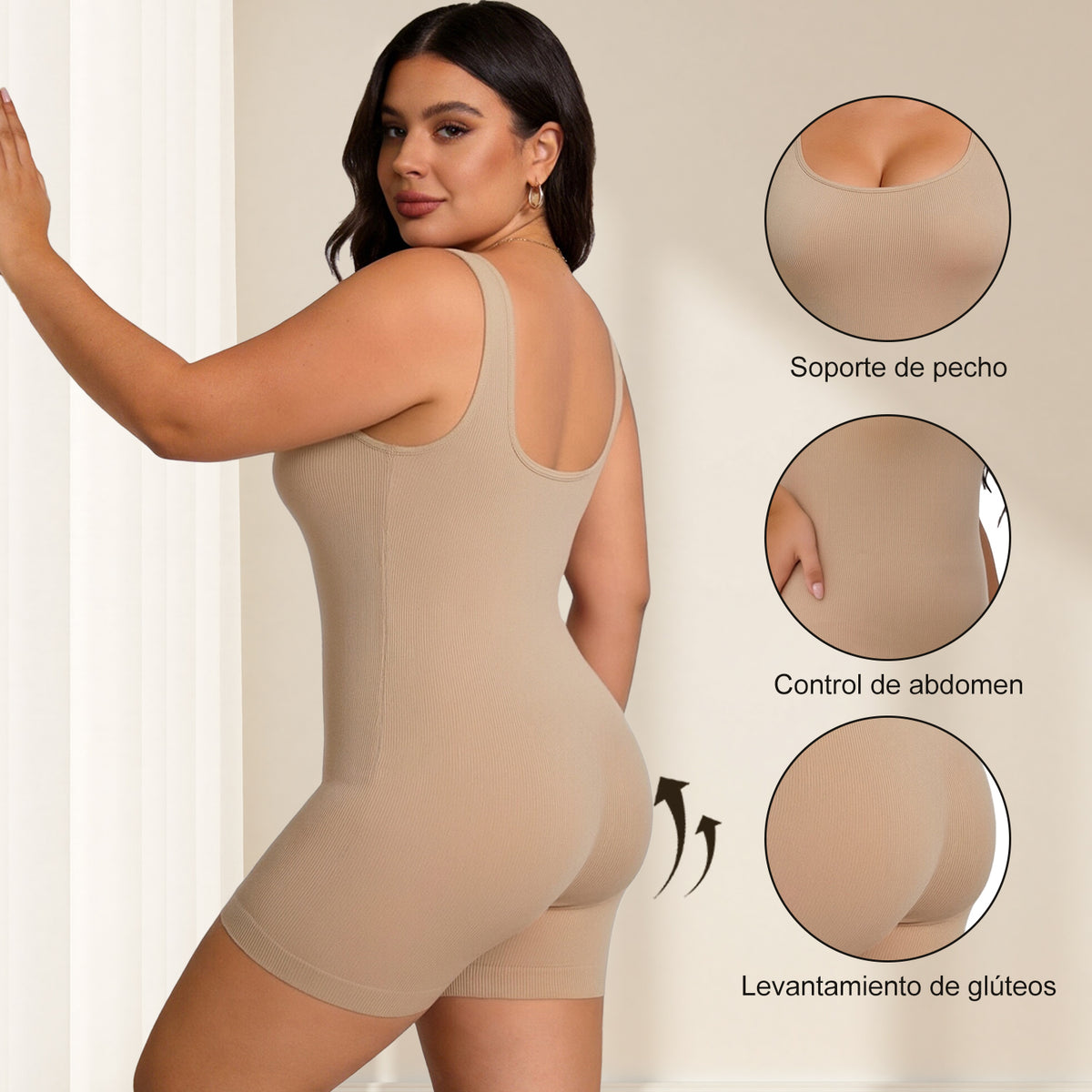 Nude seamless bodysuit, side view with feature details