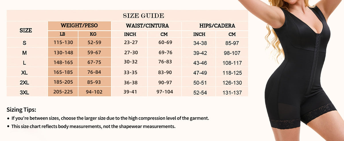 Full body shaper size guide in cm and inches