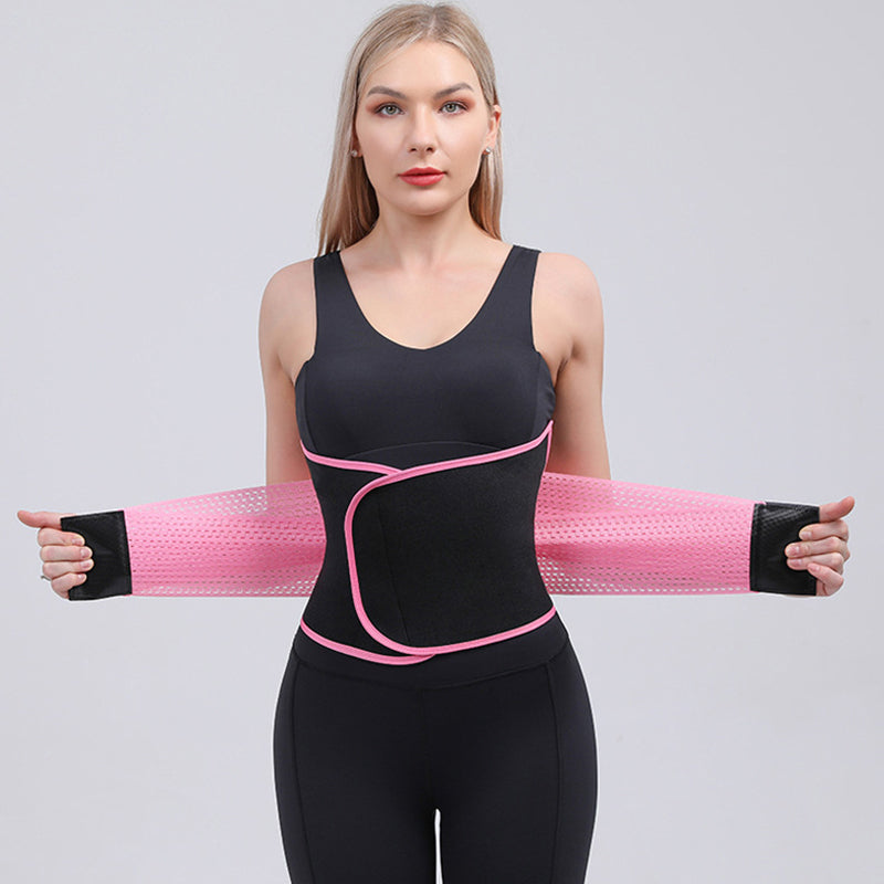 Pink adjustable waist trainer belt, front view on model