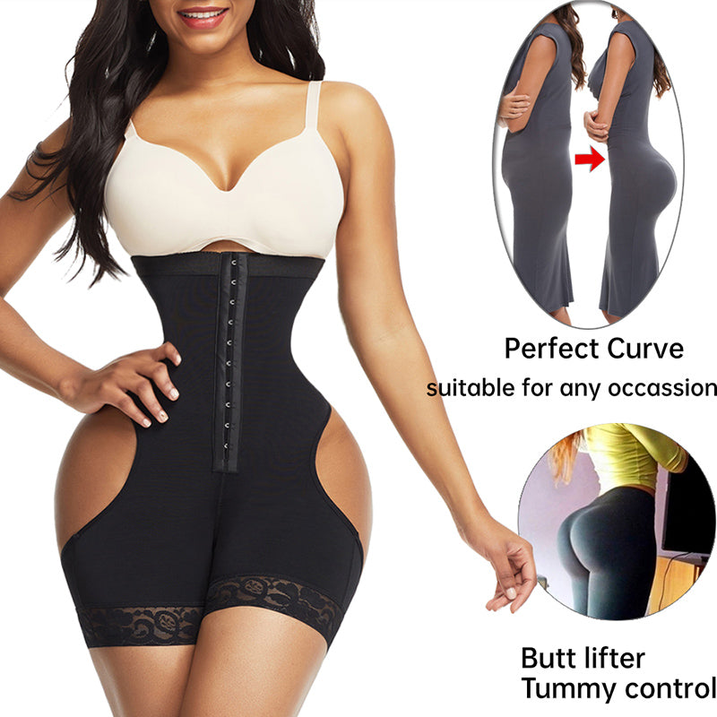 Black bum-lift shaping shorts on model with feature icons