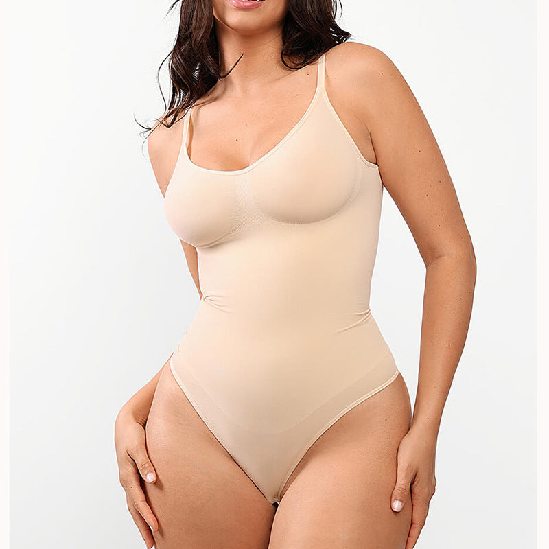 Nude seamless thong bodysuit, front view on model